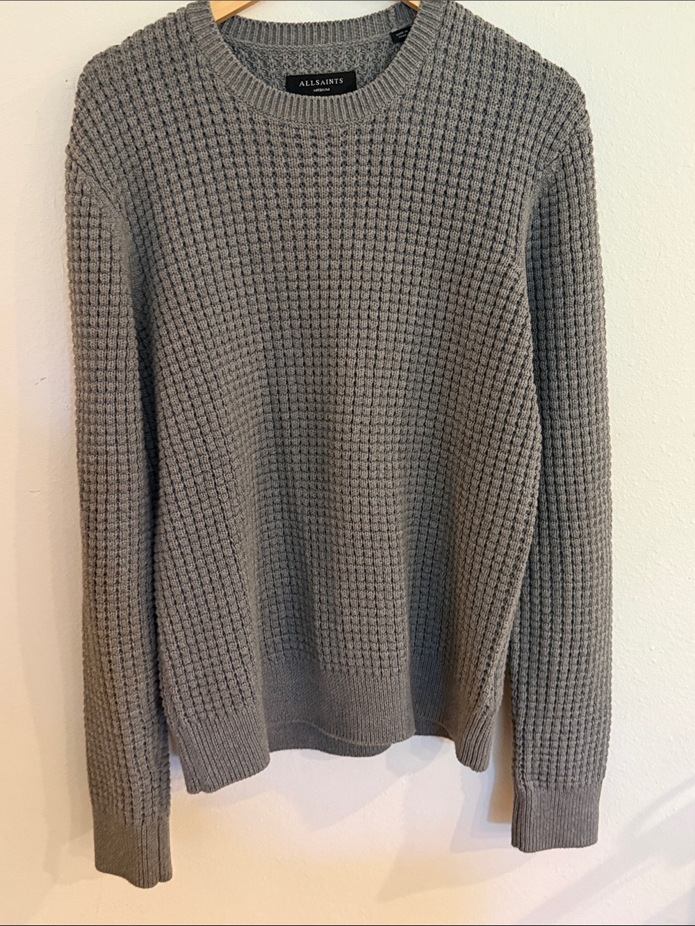 AllSaints sz M Argg Crew Grey Waffle Knit Crewneck Sweater great pre owned cond